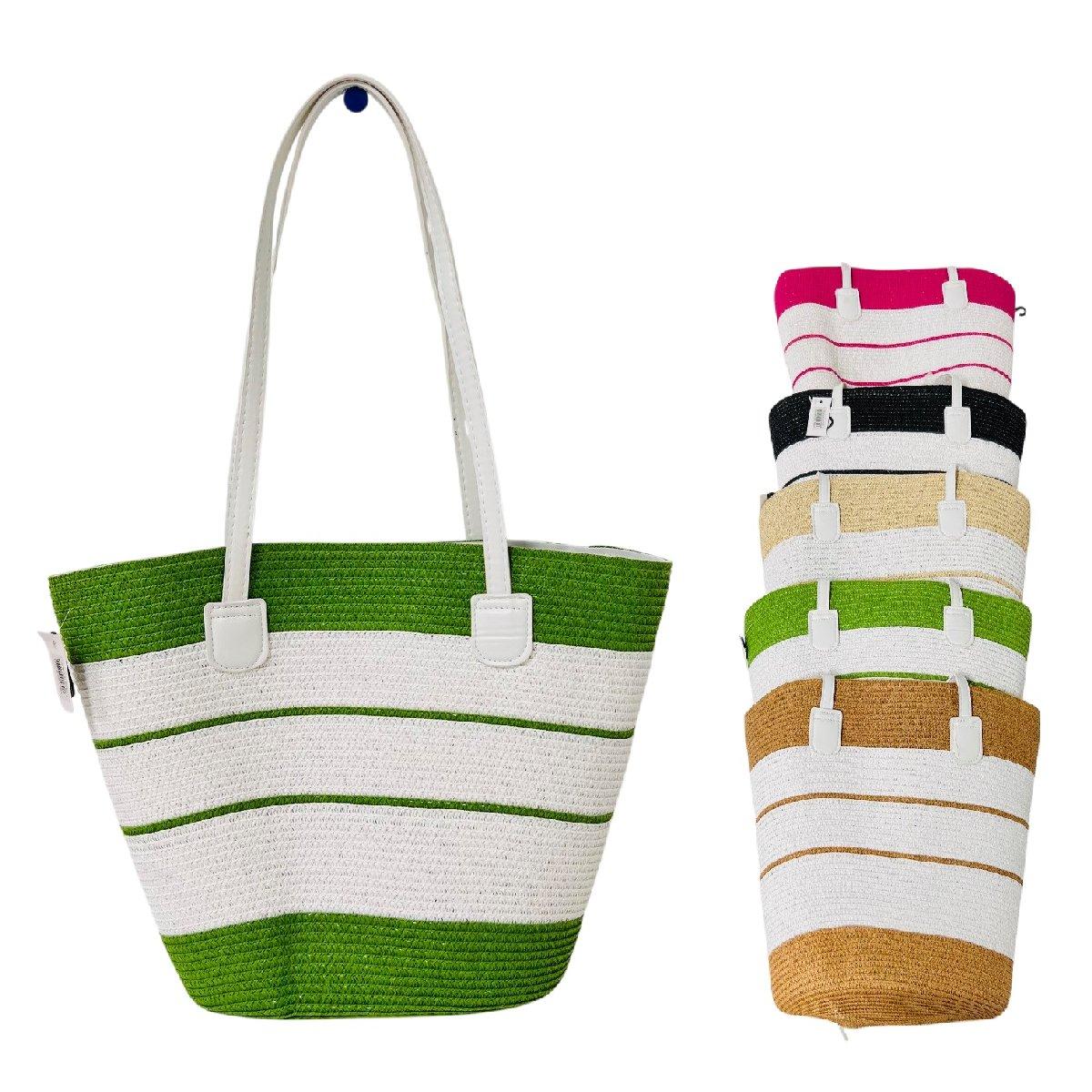 Ladies Woven Tote [White with Bold Color Stripe]