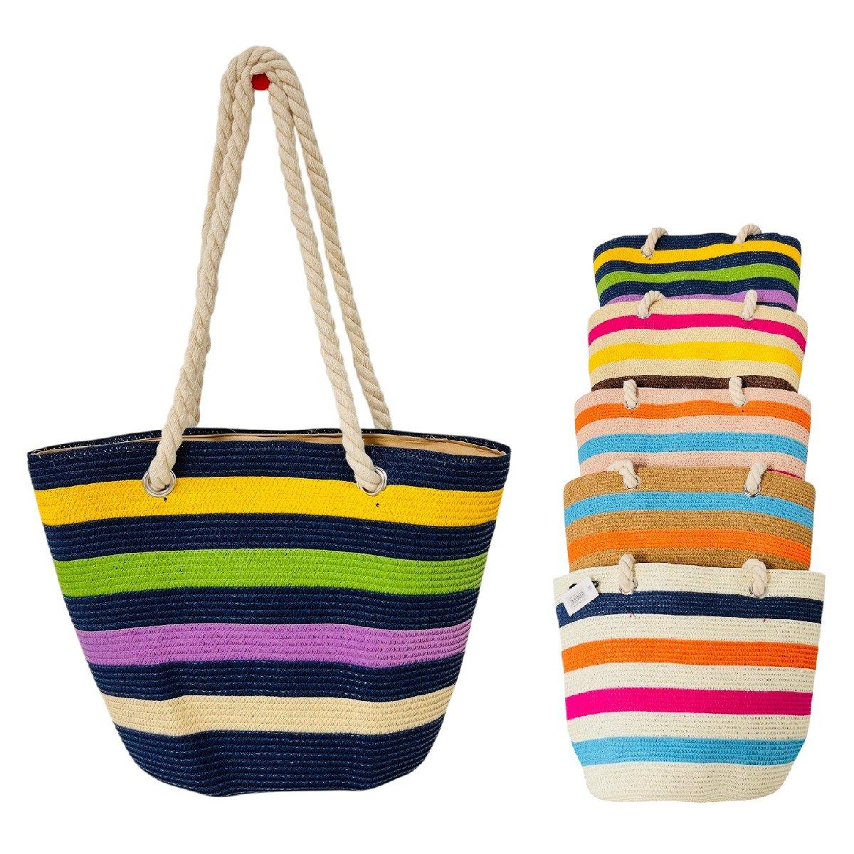 Ladies Woven Tote with Rope Handles [Colorful Wide Stripes]
