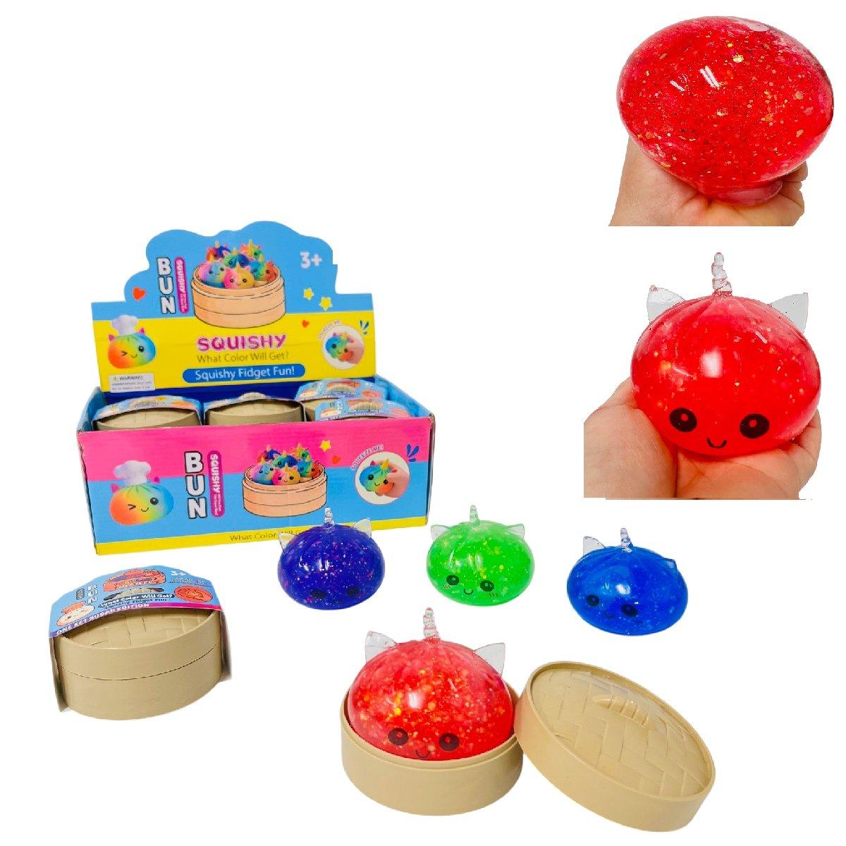 Dumpling Gel Squish Bun with Steamer Toy (Unicorn/Smiling Faces] Glitter image