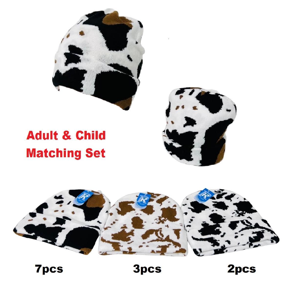 Adult/Child Set: Knitted Cuffed Hat-Cow Print [WN82921-WN82914] image