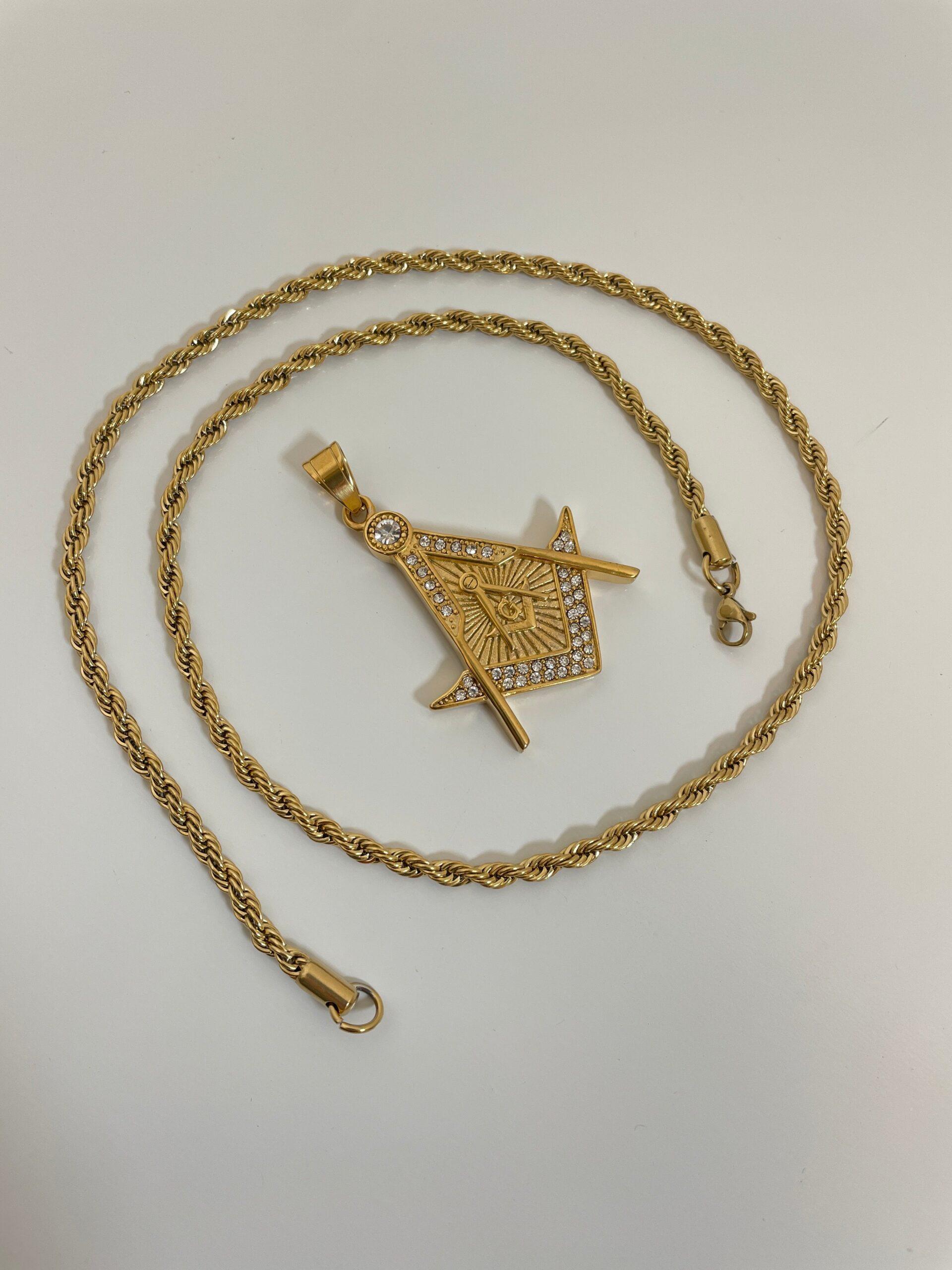 Mason Pendant with 14K Gold Filled Rope Necklace Chain 4mm 24" Set for Men or Women image