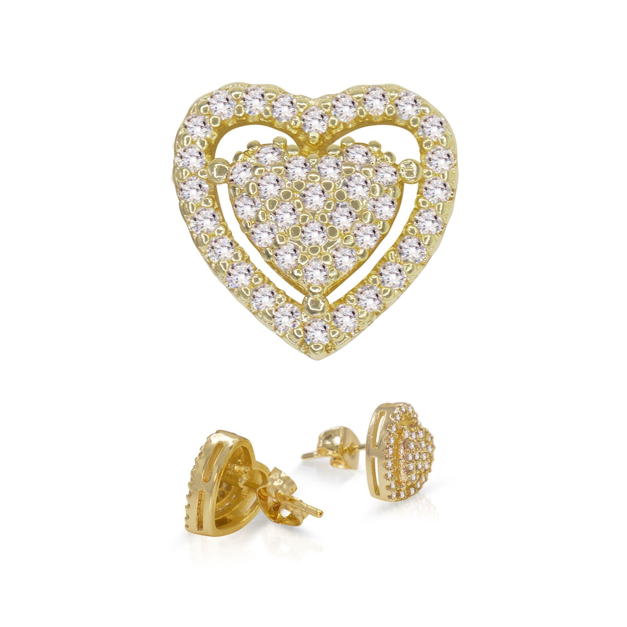 Heart 2 CZ Hip Hop 14K Gold Silver Filled Studs Wholesale Women Jewelry
