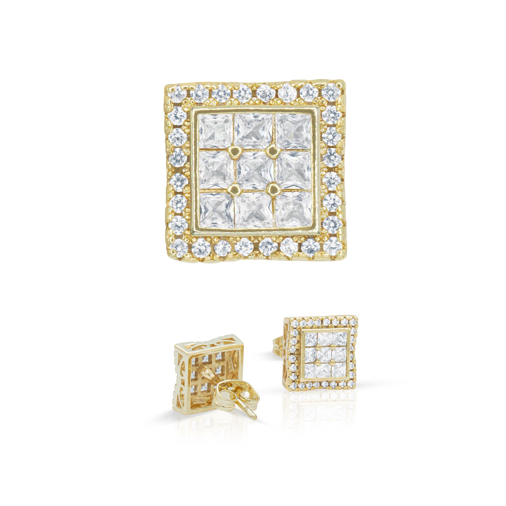 Double Square 3 CZ Hip Hop 14K Gold Silver Filled Studs Wholesale Women Men Jewelry image