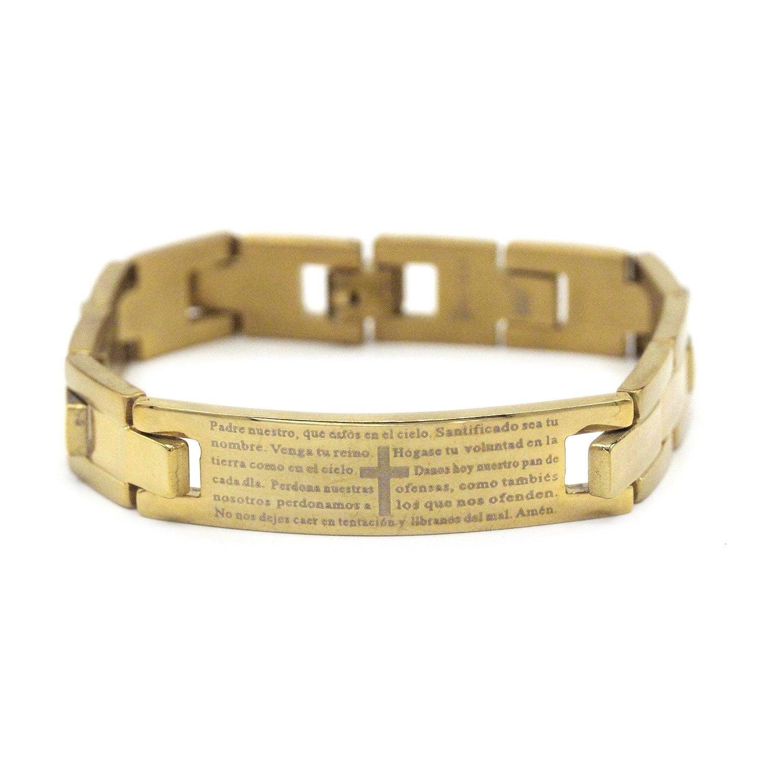 Decorative Men's Stainless Steel ID Bracelet Lord's Prayer en Español (Gold) image