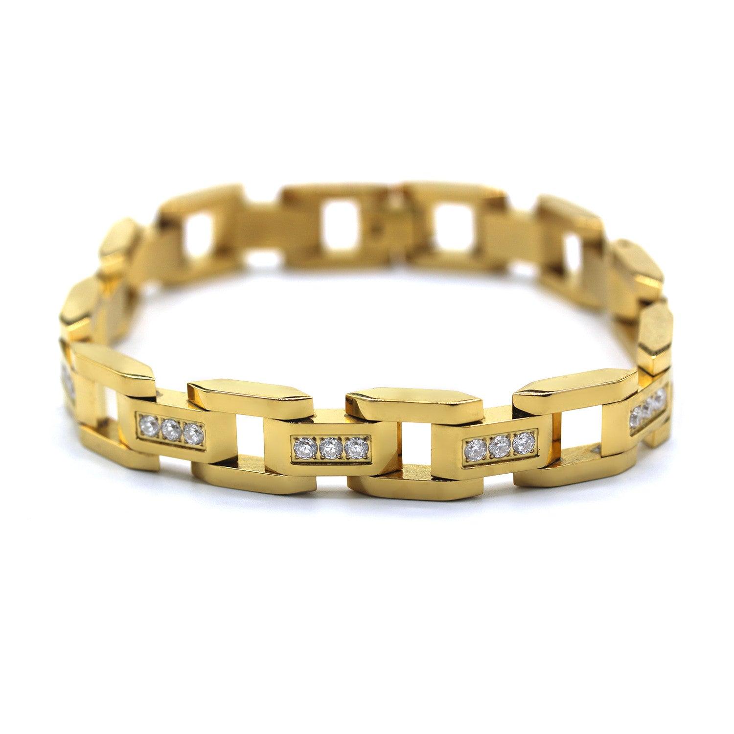 Fancy Men's Stainless Steel Bracelet Fashion Wrist Band CZ (Gold) image