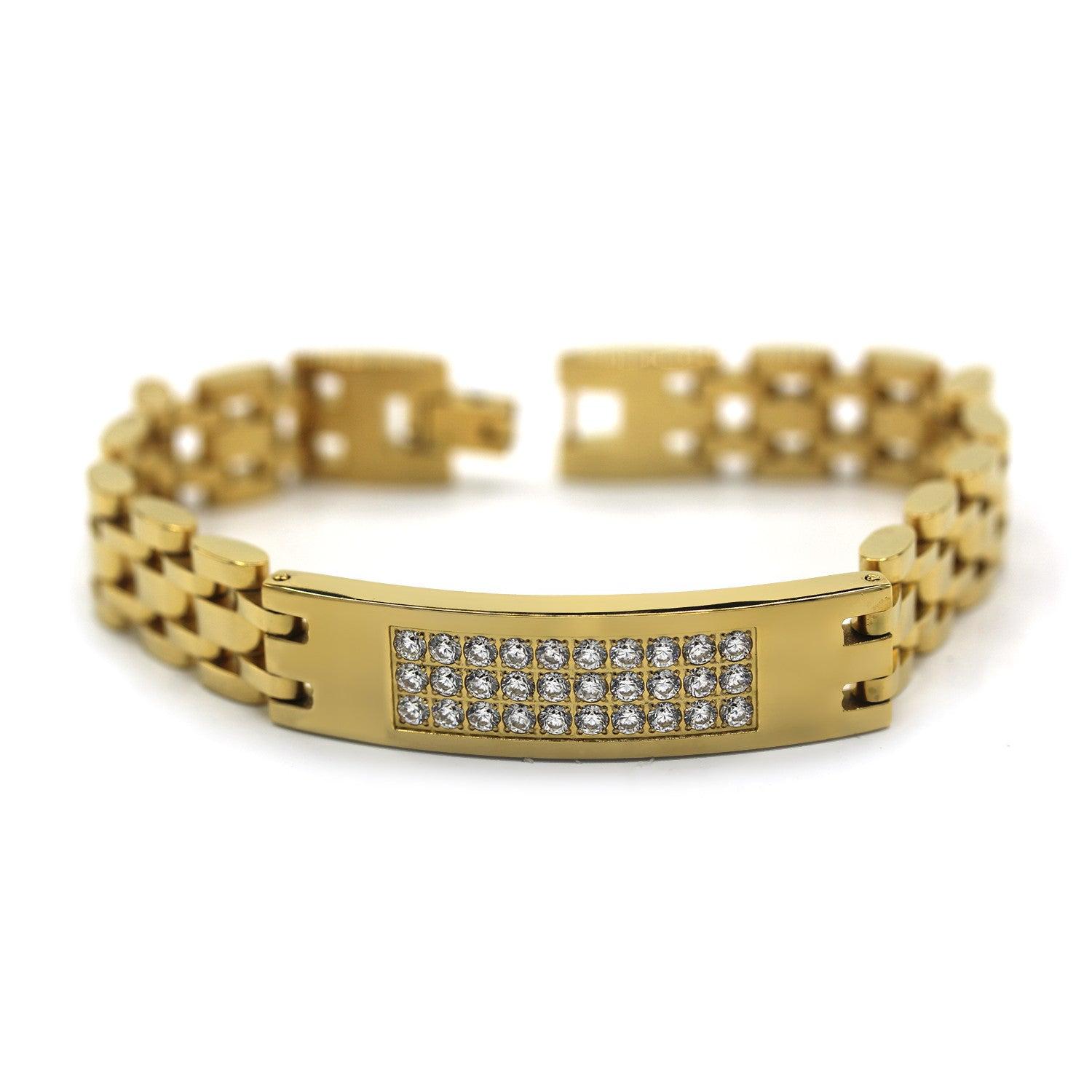 Decorative Men's Stainless Steel Bracelet Fashion Wrist Band CZ (Gold) image