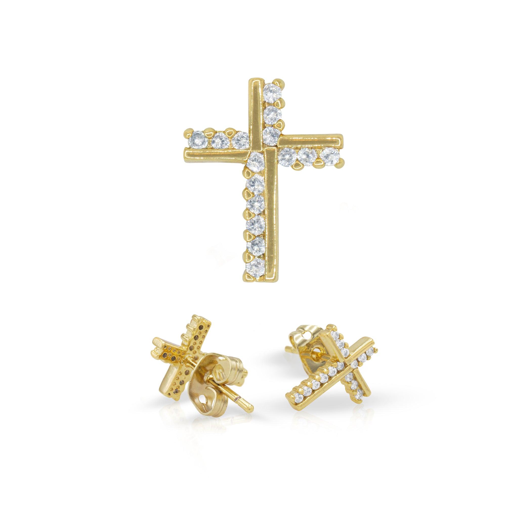 Cross 14K Gold Filled Silver CZ Hip Hop Studs Wholesale Jewelry image
