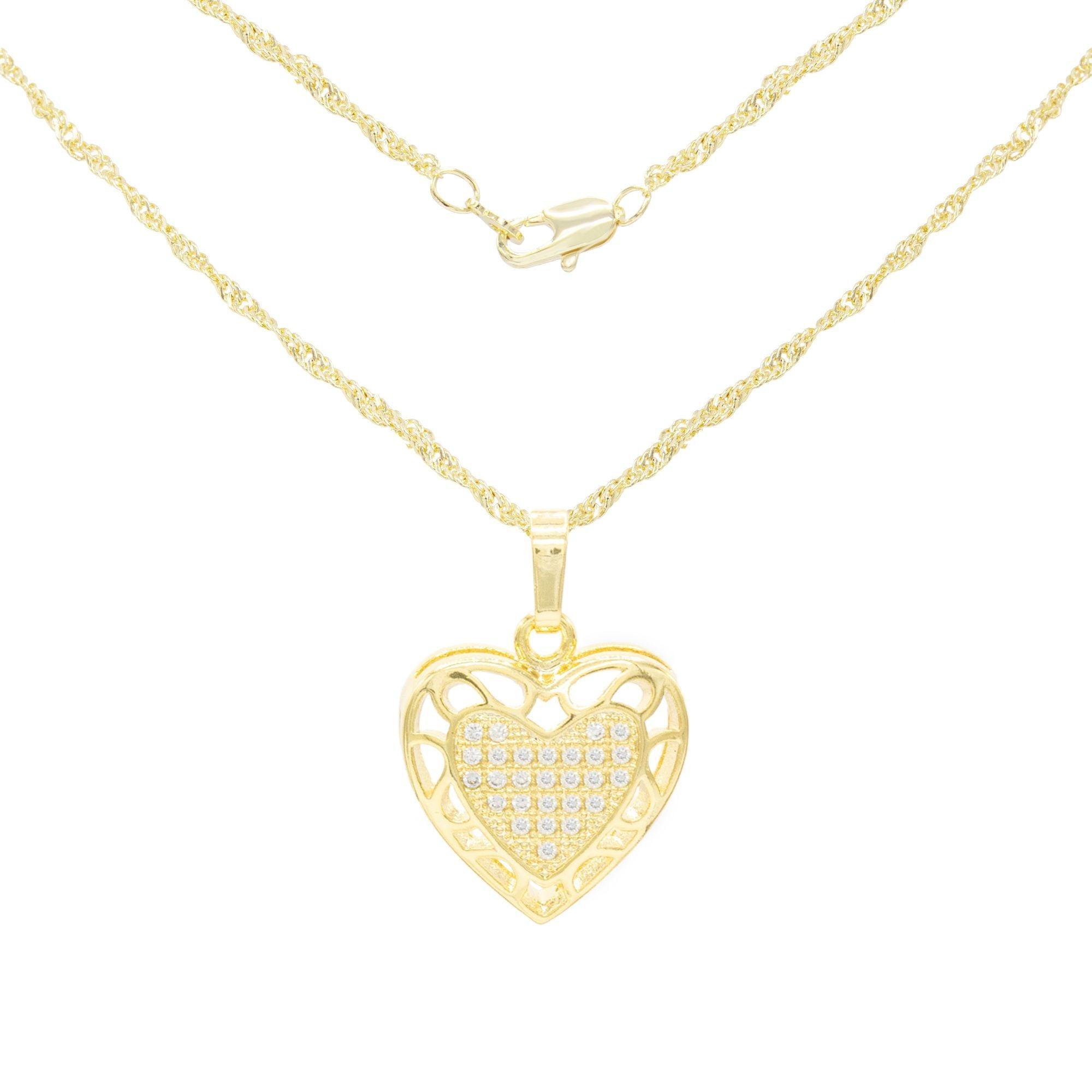 Hollow Heart Cubic Zirconia Pendant With 14K Gold Filled Rope Box Cuban Chain Necklace Set - 18", 20", 24"