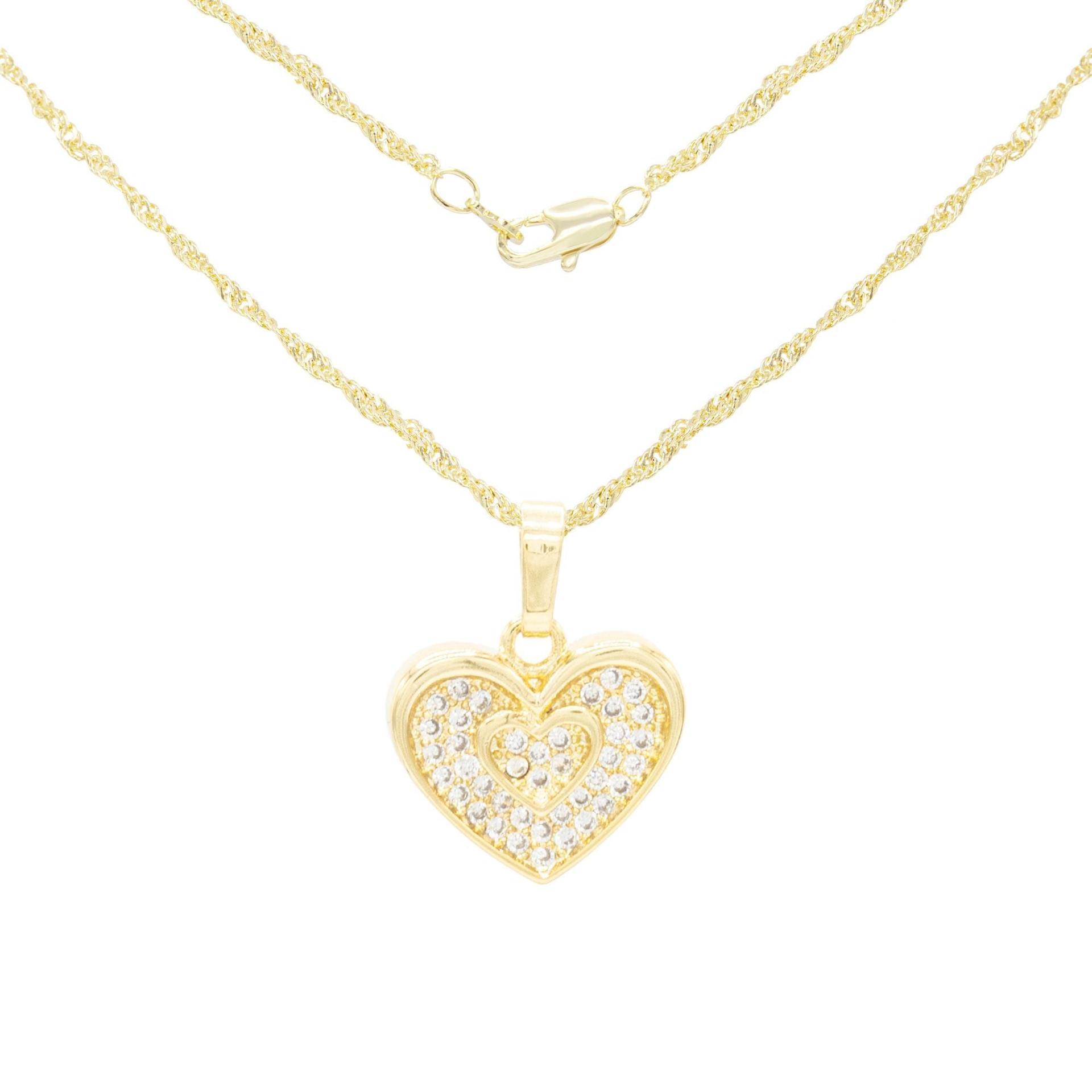 Binary Heart Cubic Zirconia Pendant With 14K Gold Filled Rope Box Cuban Chain Necklace Set - 18", 20", 24" image