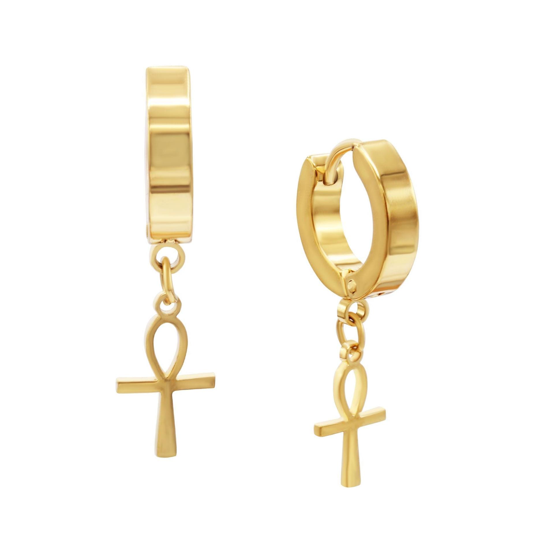 Ankh Cross Pendant Huggie Hoop Earrings 14K Gold Plated Silver Black Wholesale Jewelry image