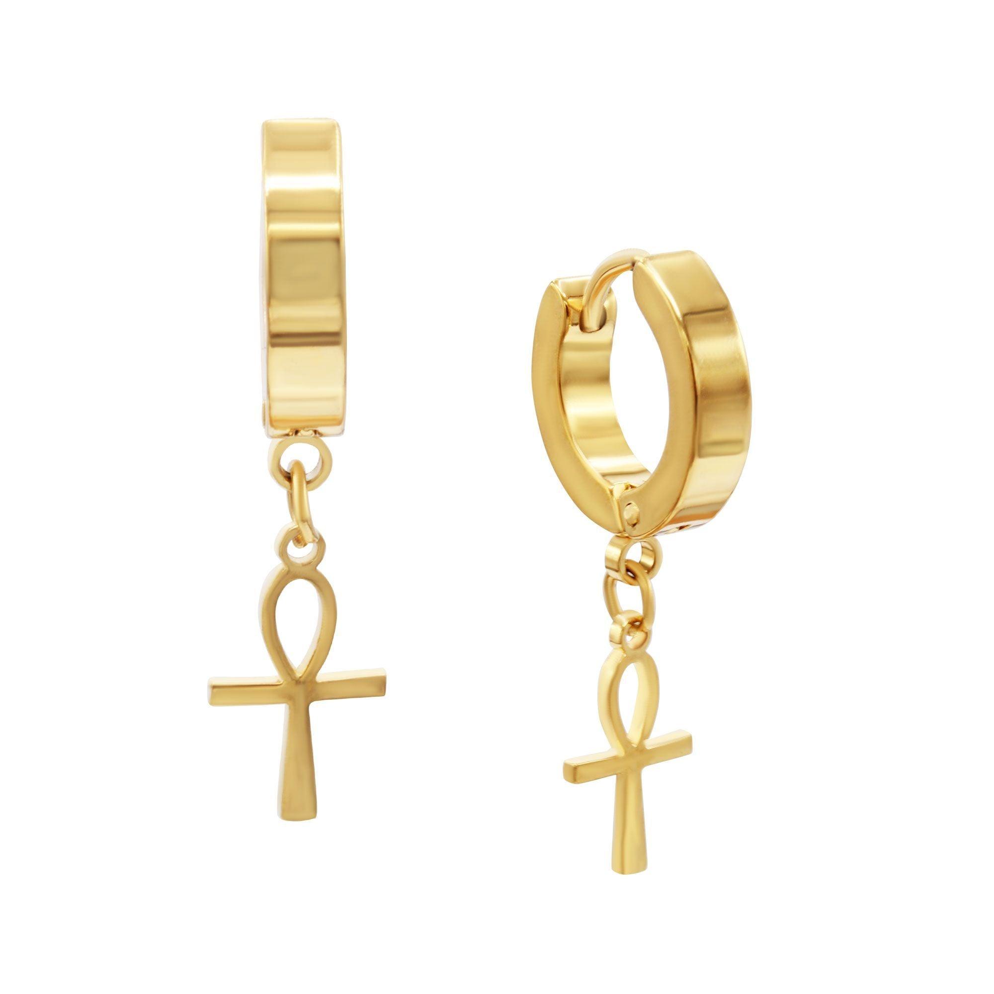 Ankh Cross Pendant Huggie Hoop Earrings 14K Gold Plated Silver Black Wholesale Jewelry image