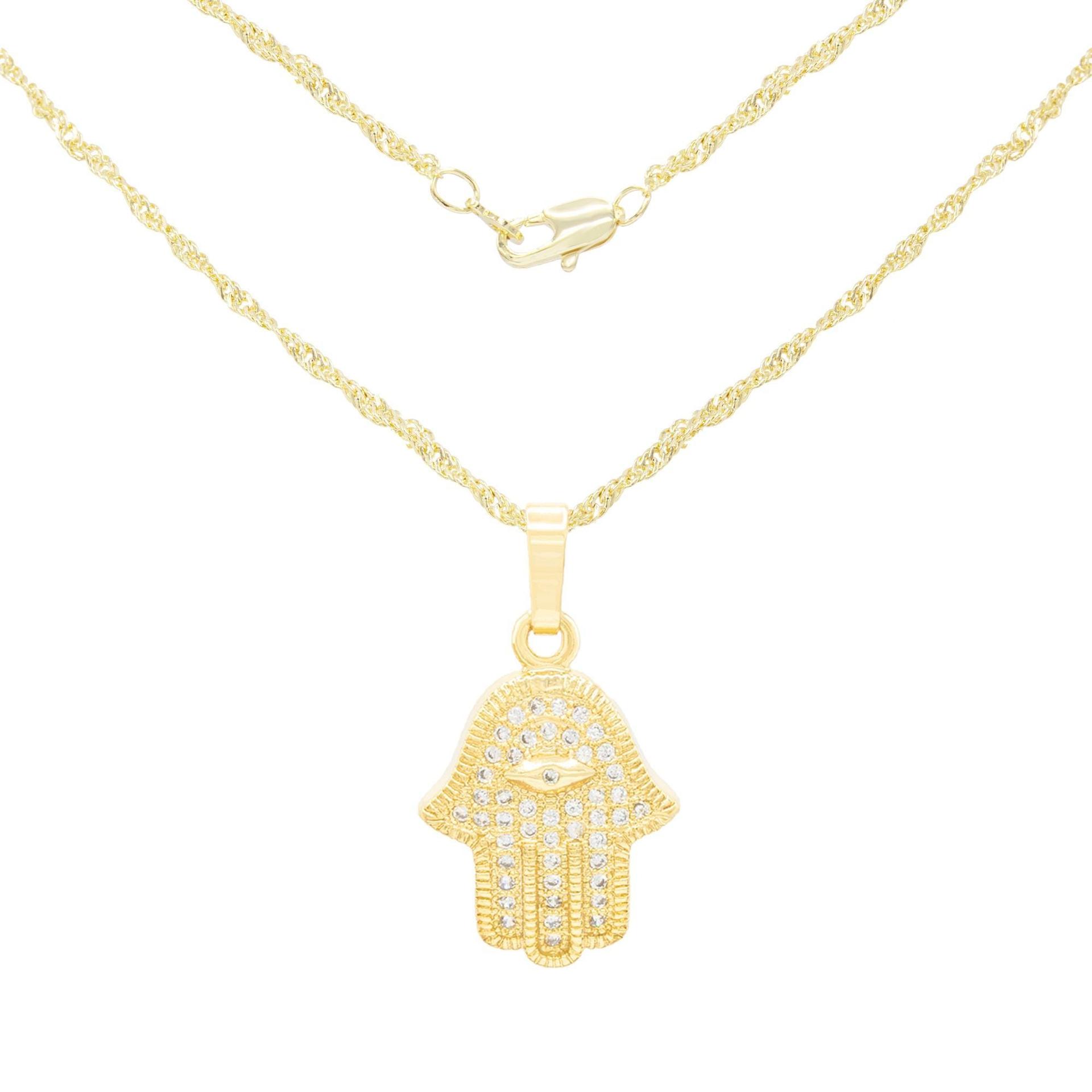 Hamsa Hand Of Fatima Cubic Zirconia Pendant With 14K Gold Filled Rope Box Cuban Chain Necklace Set - 18", 20", 24" image