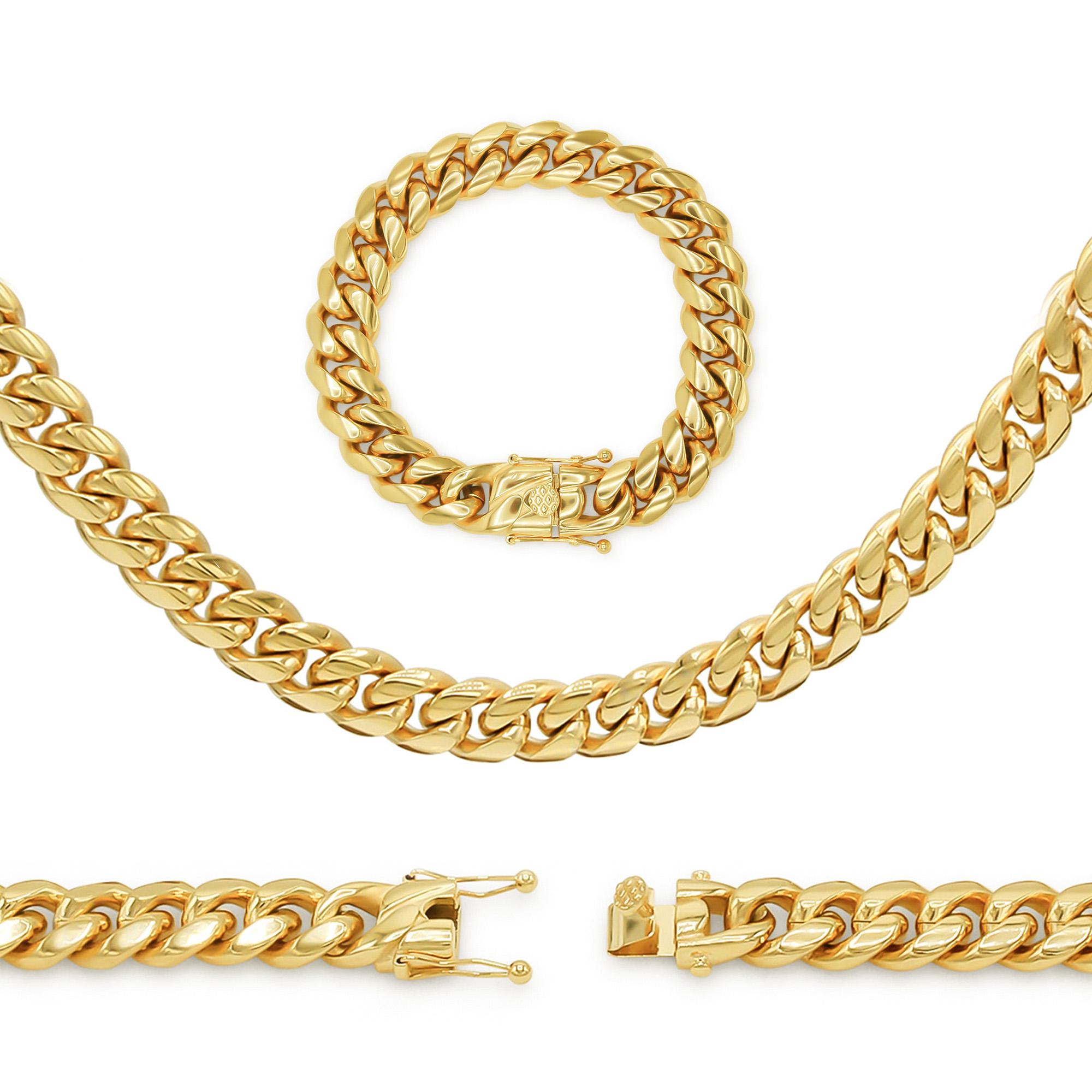 Cuban Link 14K Gold Plated Necklace 30" Bracelet 8.5" Set Stainless Steel Wholesale Men Jewelry image