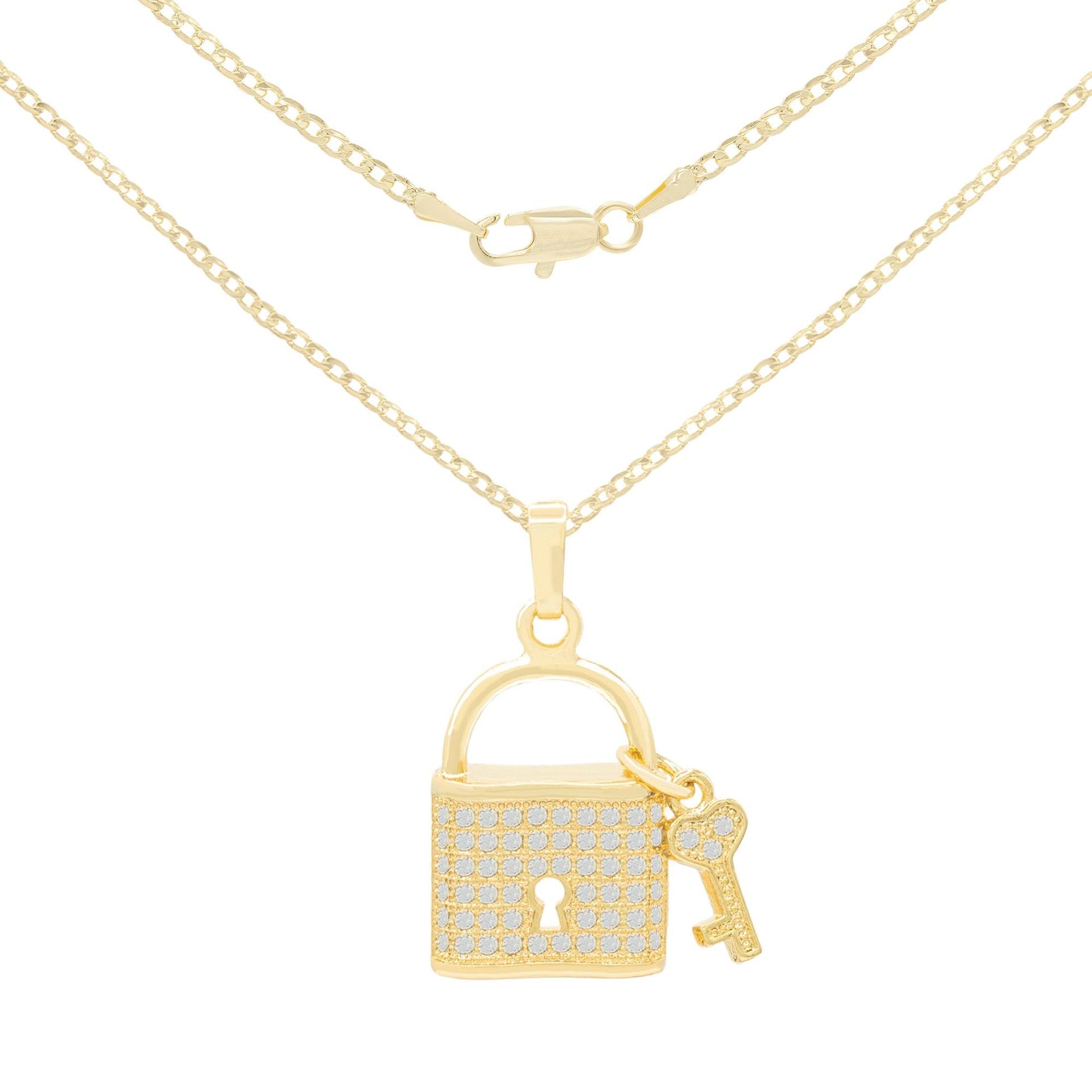 CZ Lock Pendant 14K Gold Filled Rope Box Curb Chain Necklace Set 18" 20" 24" image