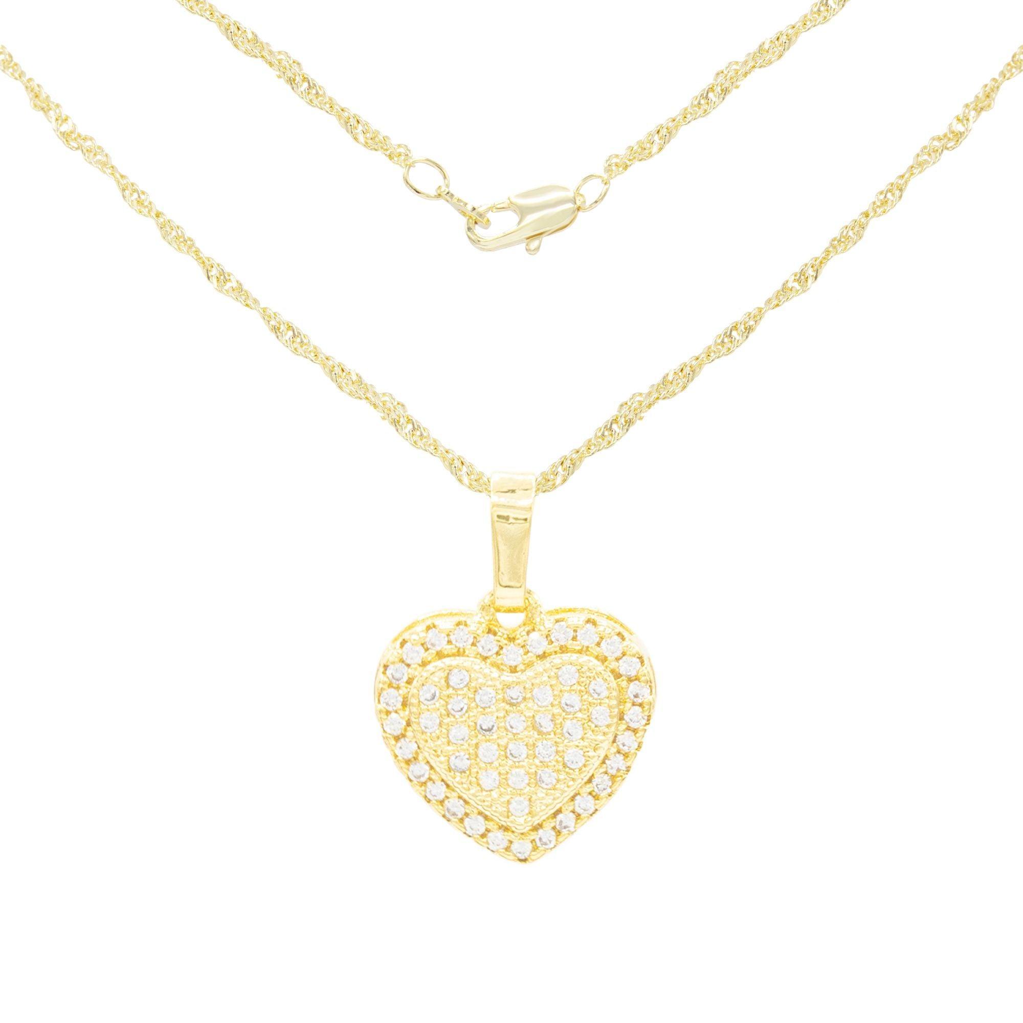 Dual Heart Cubic Zirconia Pendant With 14K Gold Filled Rope Box Curb Chain Necklace Set 18" 20" 24"