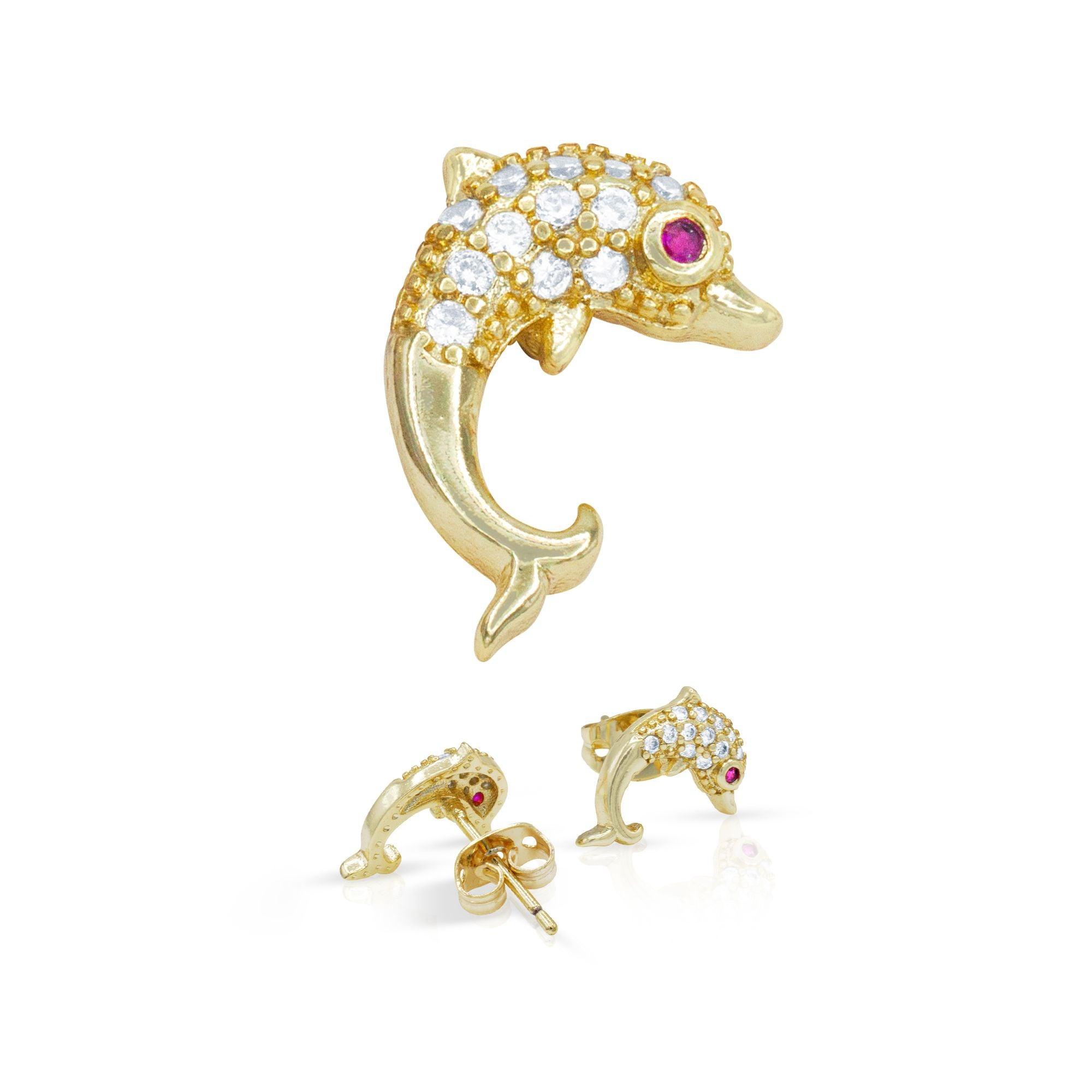 Dolphin 2 CZ Hip Hop 14K Gold Silver Filled Studs Wholesale Women Jewelry image