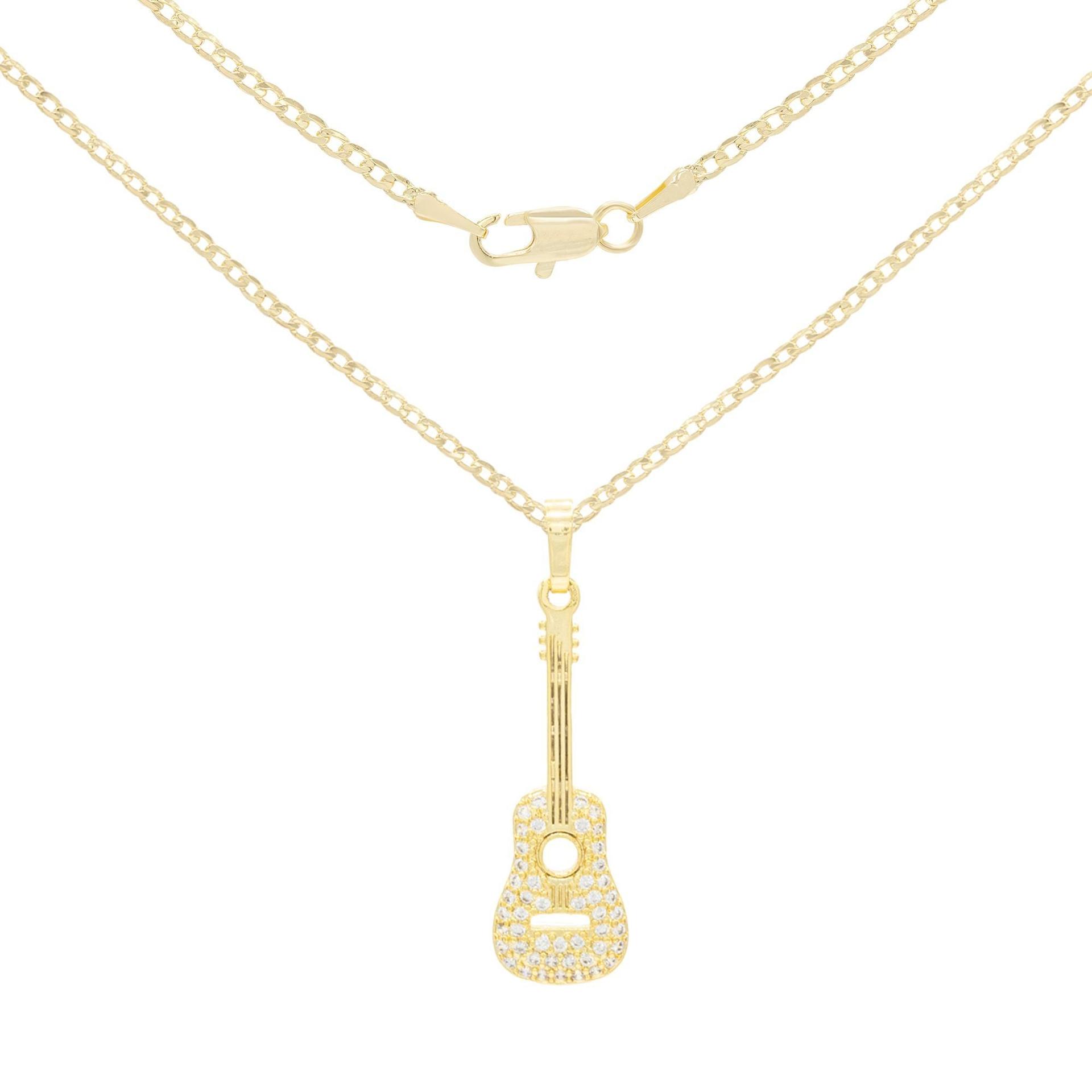 Guitar Cubic Zirconia Pendant 14K Gold Filled Rope Box Curb Chain Necklace Set 18" 20" 24" image