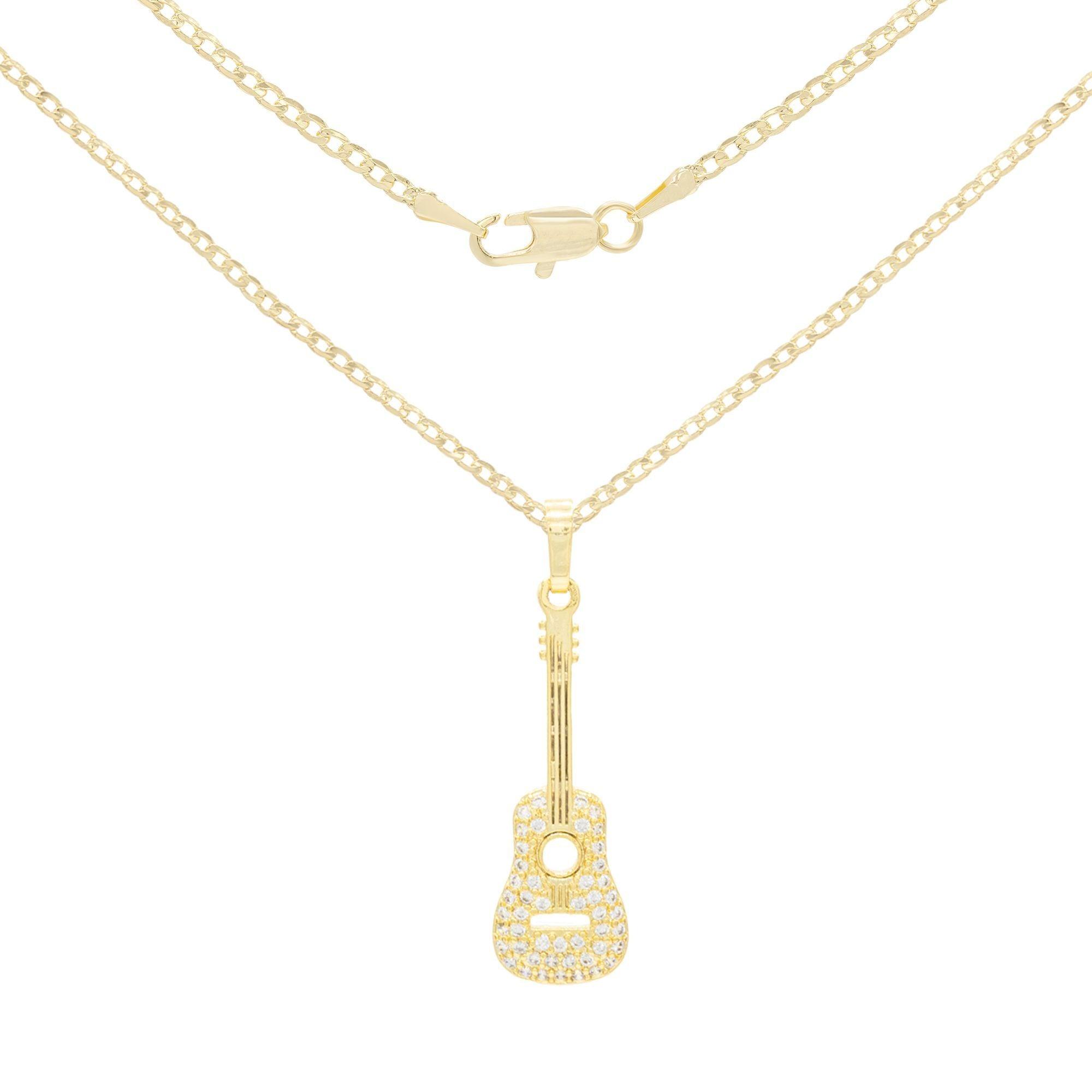 Guitar Cubic Zirconia Pendant 14K Gold Filled Rope Box Curb Chain Necklace Set 18" 20" 24" image