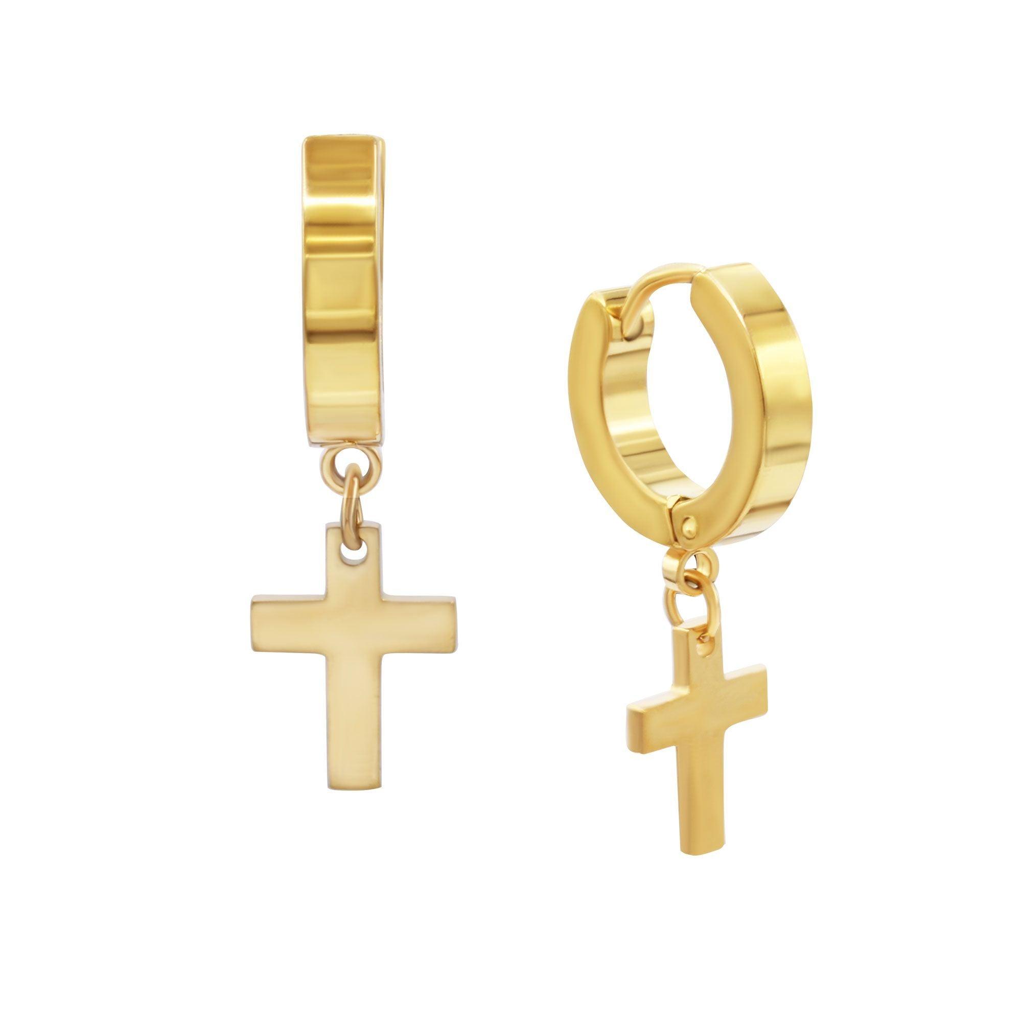 Cross Pendant Huggie Hoop Earrings 14K Gold Plated Silver Black Wholesale Jewelry image