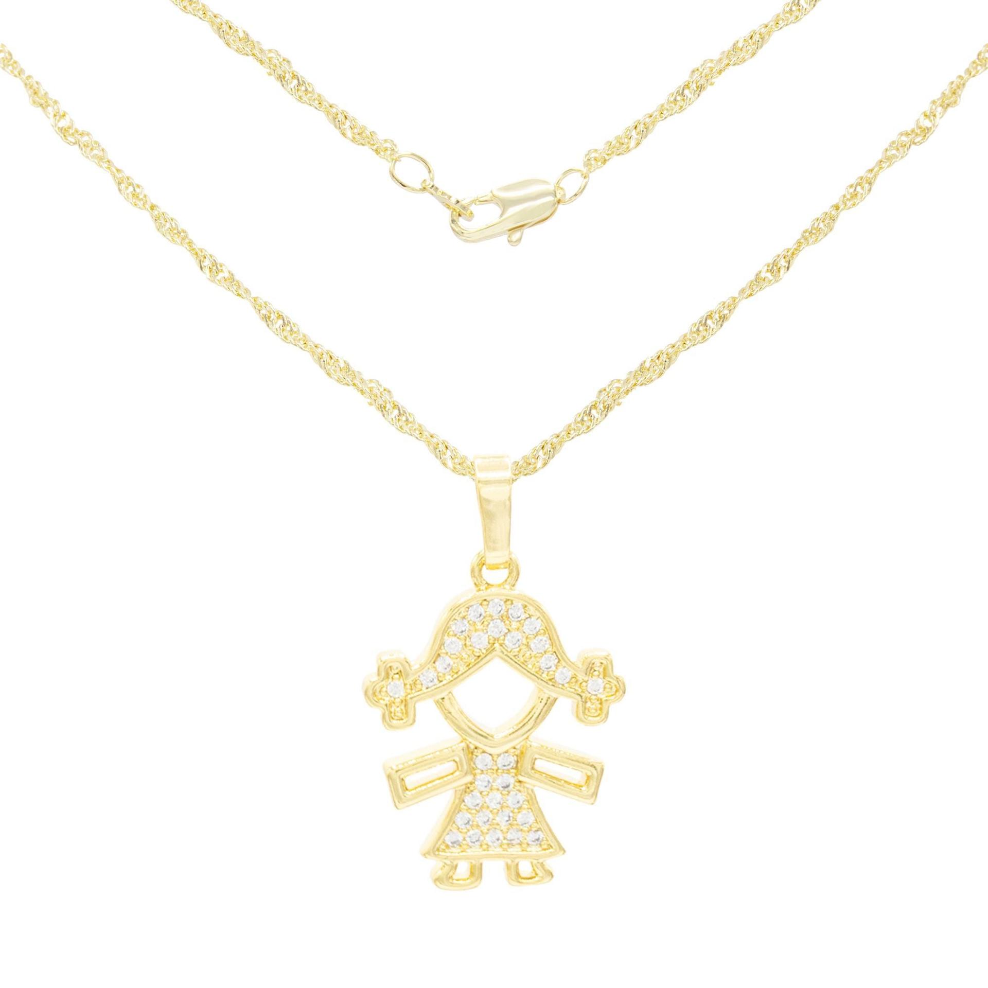 Girl Cubic Zirconia Pendant With 14K Gold Filled Rope Box Curb Chain Necklace Set 18" 20" 24" image