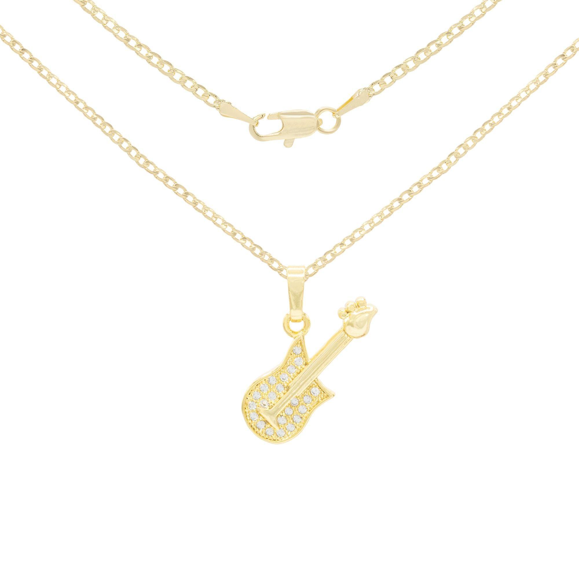 Rock Guitar Cubic Zirconia Pendant 14K Gold Filled Rope Box Curb Chain Necklace Set 18" 20" 24" image