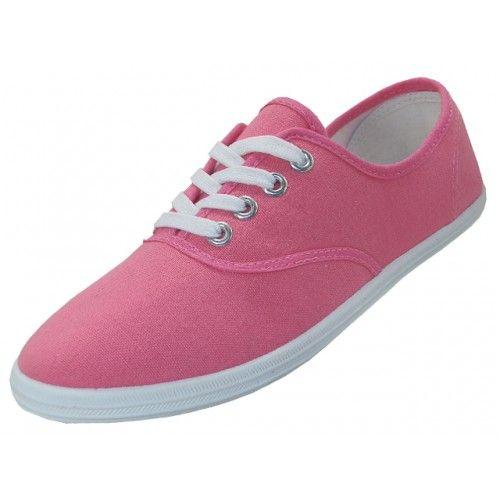 24 Wholesale Women's Lace Up Casual Canvas Shoes Pink Color image