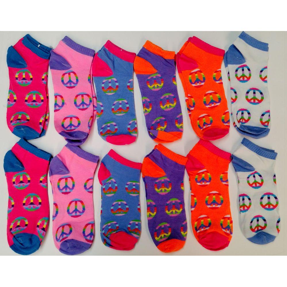 180 Wholesale Ladies Assorted Colors Low Cut Ankle Socks - Peace Print image