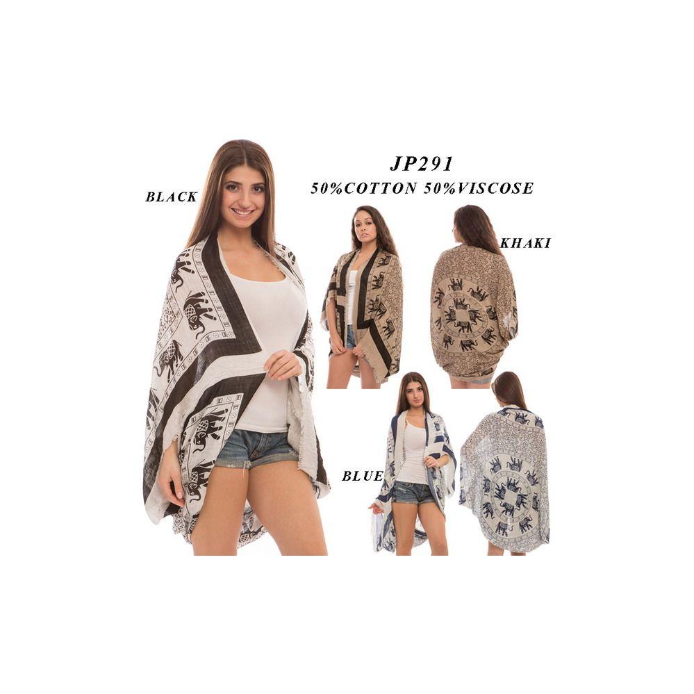 24 Wholesale Ladies Elephant Print Shawl With Back Design  image