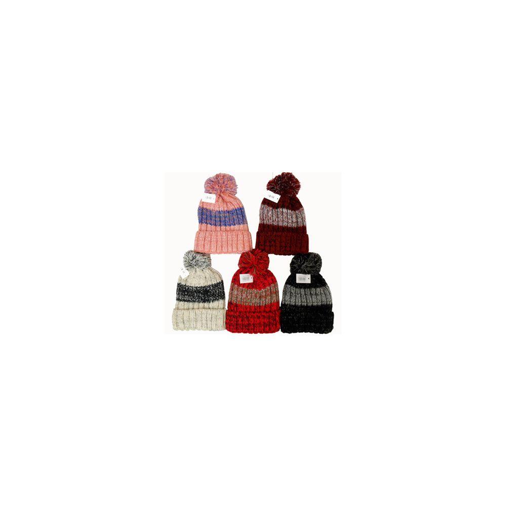 36 Wholesale Ladies Striped Knit Ski Hat With Fur Lining image