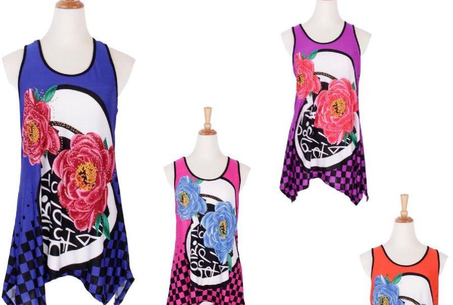 36 Wholesale Women's Floral Print Loose Casual Flowy Tunic Tank Top image