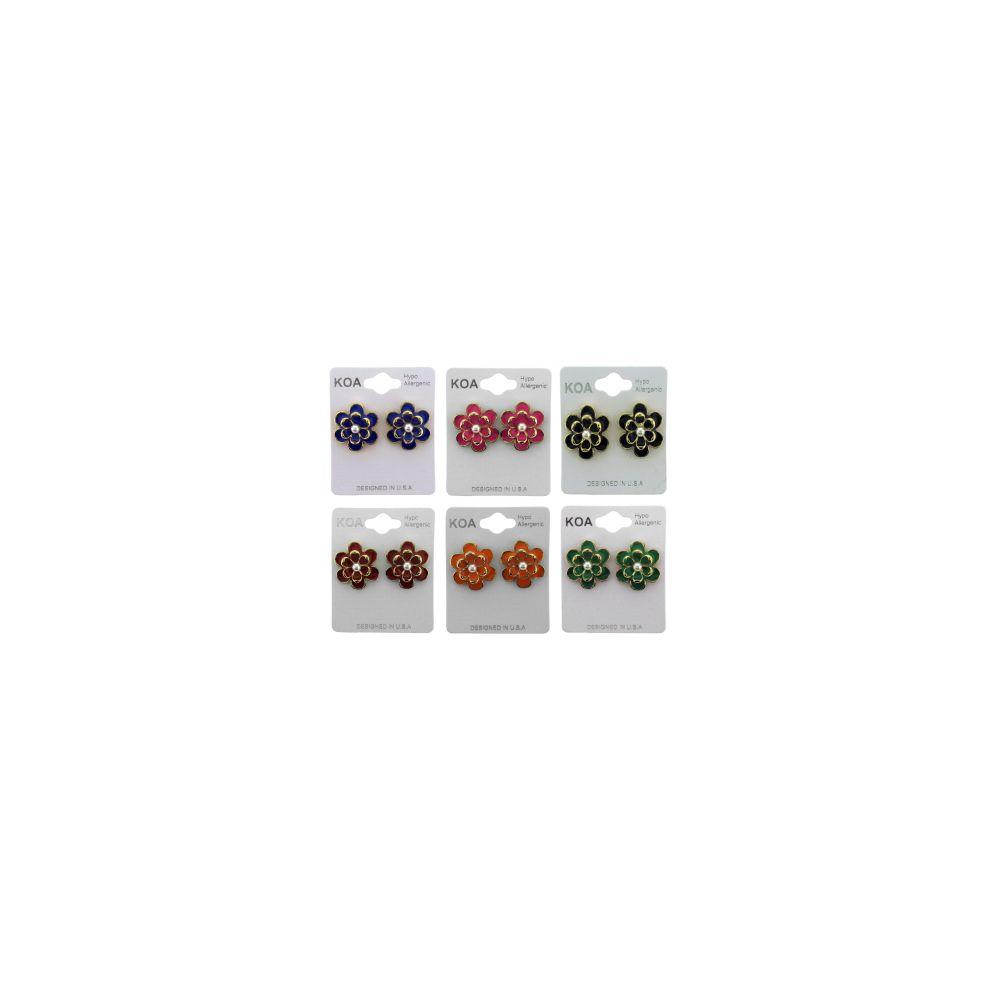 36 Wholesale Flower Stud Earrings With Two Layers Of Petals And A Faux Pearl In The Center image