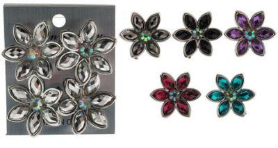 36 Wholesale Two Pairs Of Flower Shaped Post Earrings With Assorted Colored Crystal Like Accents Per Card image