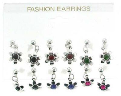 36 Wholesale Silver Tone Post Earrings With SilveR-Tone Flower And Rhinestone Dangles image