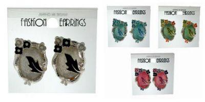 36 Wholesale Silver Tone Clip Earring With Glittered Acrylic Oval Cabochon image