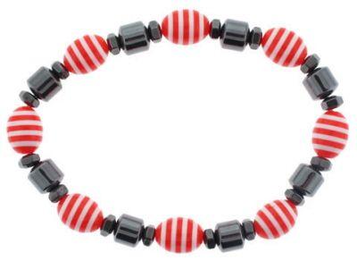 36 Wholesale Hematite Bracelet 8mm Drum Beads With Red Stripe Oval Accent Beads On Elastic image