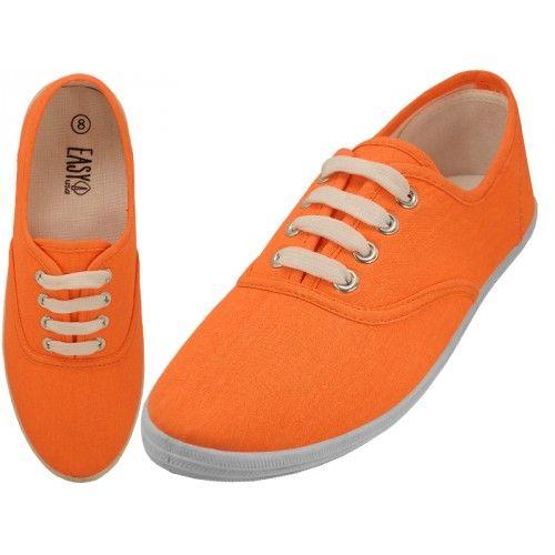 24 Wholesale Women's Lace Up Casual Canvas Shoes In Neon Orange Sizes 5-10 image