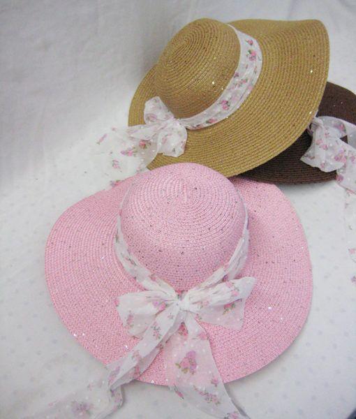 24 Wholesale Womens Fashion Summer Hat With Glitter And Rose Printed Ribbon image