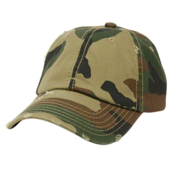 12 Wholesale Distressed Washed Cotton Baseball Cap In Camo Green image