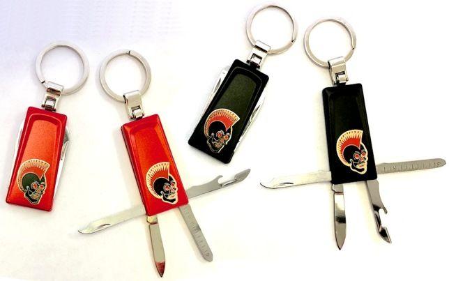 24 Wholesale 2.75" Four Function Red And Black Metal Keychains With Brass Biker Insignia image