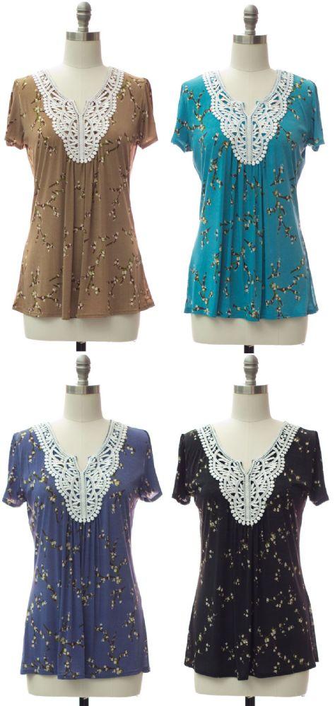 24 Wholesale Womens Crochet Neck Printed Top - Assorted image