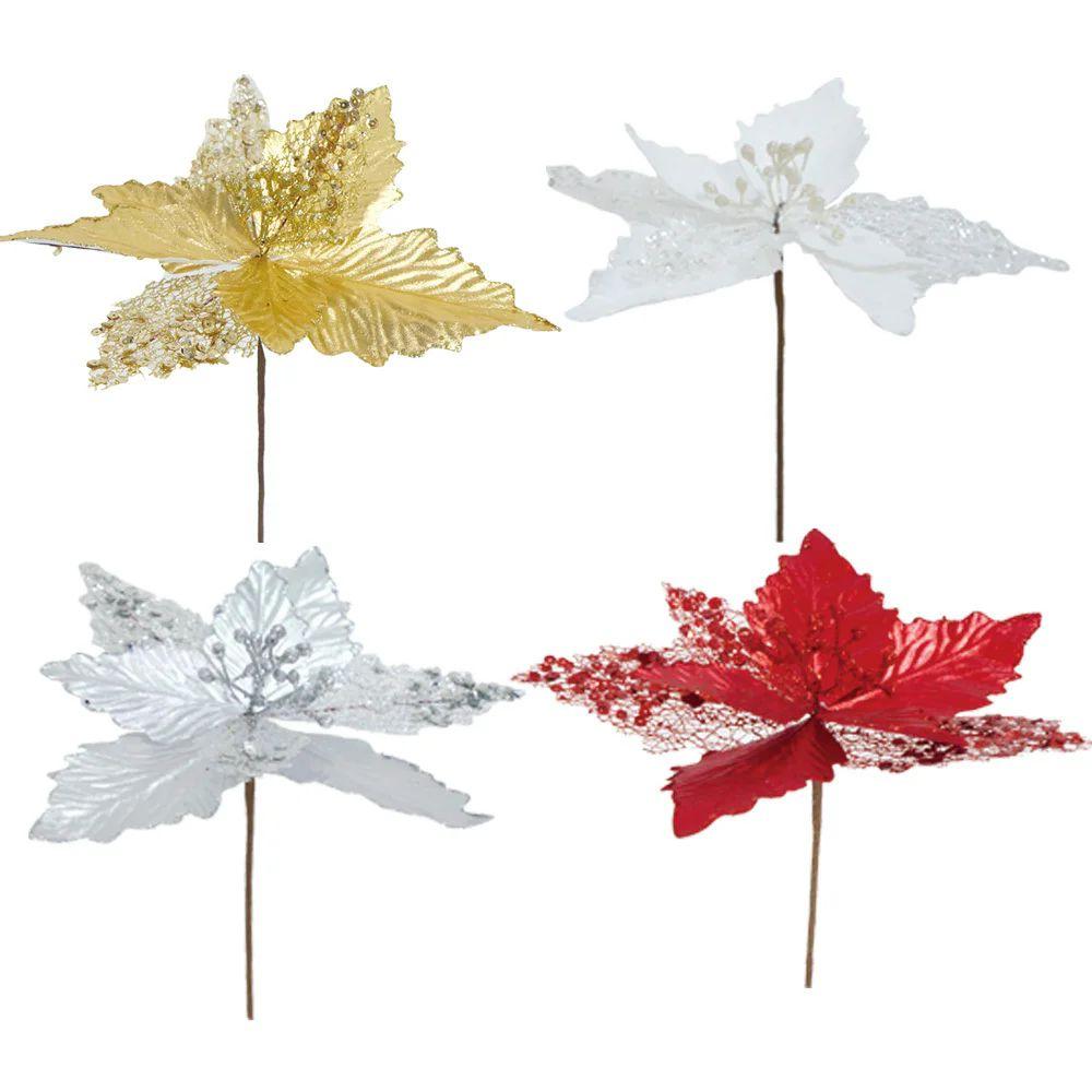 48 Wholesale Poinsettia Flower Stem Glittered Gold Silver And Red image