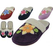 48 Wholesale Women's Velour Floral Embroidery Upper Close Toe House Slippers image