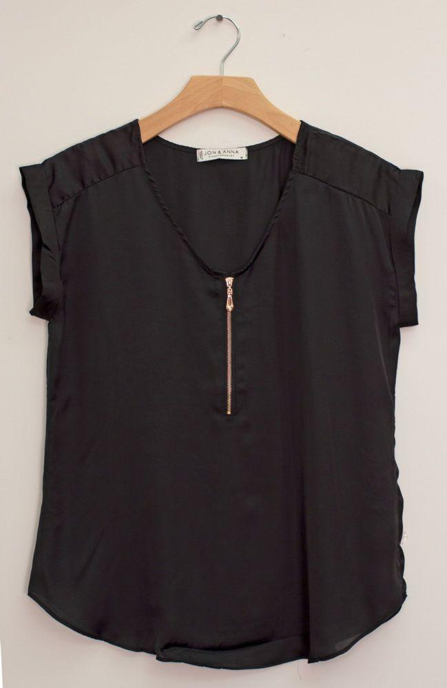 12 Wholesale Plus Zipper Front Woven Blouse Black image