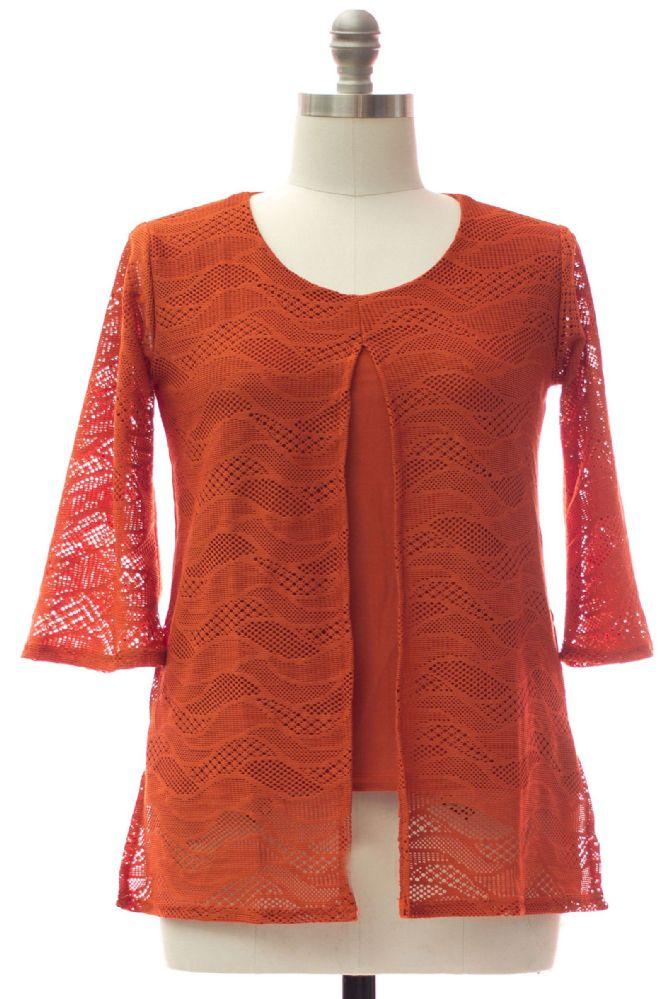 12 Wholesale Plus Slit Front Lace Shell Blouse Orange image