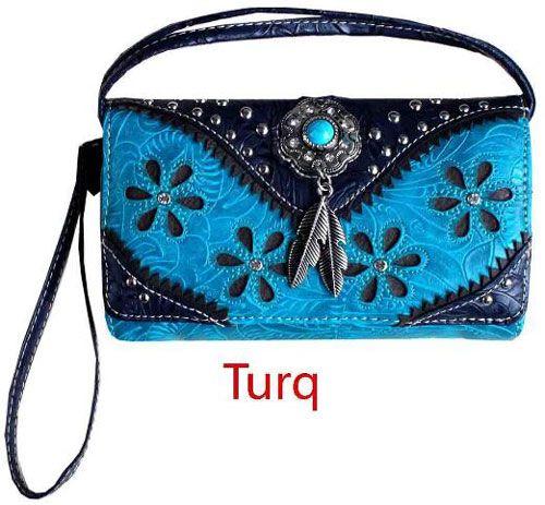 4 Wholesale Western Studded Flower Design Wallet Purse Turquoise image