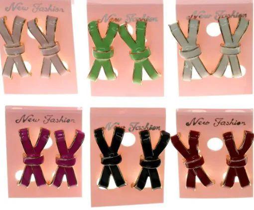 36 Wholesale Bow Stud Earrings Multi Color And Gold Tone image