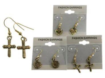 144 Wholesale Flower Cross Heart Dangle Earrings Gold Tone image