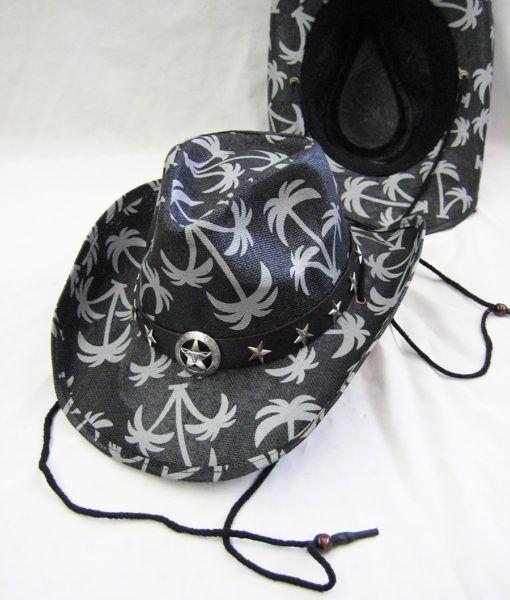 36 Wholesale Western Black Printed Palm Tree Cow Boy Hat image