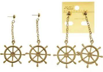 144 Wholesale Nautical Ship Wheel Dangle Earrings With Drop Accents Gold Tone image