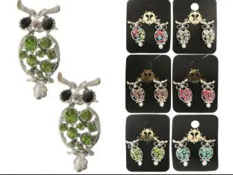 36 Wholesale 36 Owl Stud Earrings With Crystal Accents Silver Tone And Multi Color image